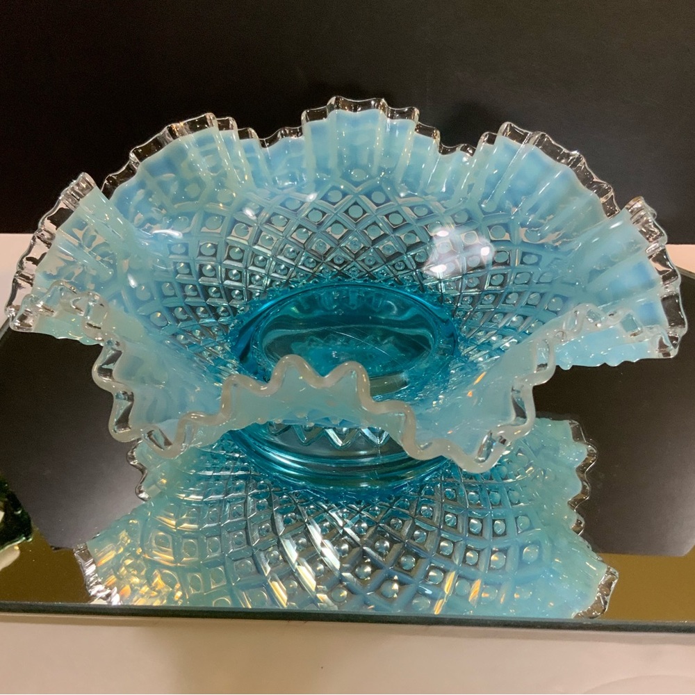 Fenton Bowl Blue Opalescent Hobnail Silver Crest Footed 12 in Diameter Vintage
